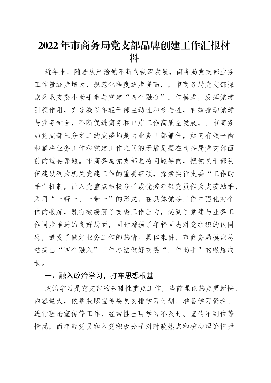 2022年市商务局党支部品牌创建工作汇报材料_第1页