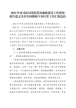 2022年市司法局党组党风廉政建设工作情况报告范文含存在问题和下步打算工作汇报总结