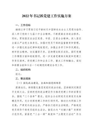 2022年书记抓党建工作实施方案