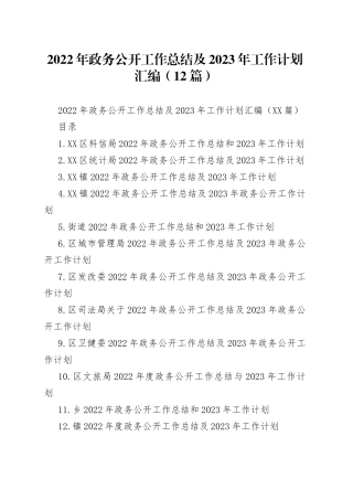 2022年政务公开工作总结及2023年工作计划汇编（12篇）