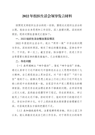 2022年组织生活会领导发言材料