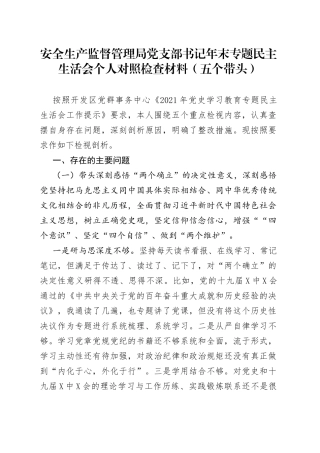 安全生产监督管理局党支部书记年末专题民主生活会个人对照检查材料（五个带头）