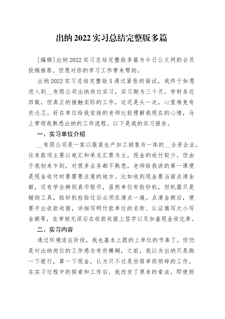出纳2022实习总结完整版多篇_第1页
