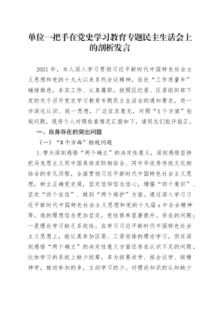单位一把手在党史学习教育专题民主生活会上的剖析发言