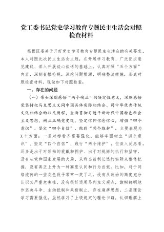 党工委书记党史学习教育专题民主生活会对照检查材料