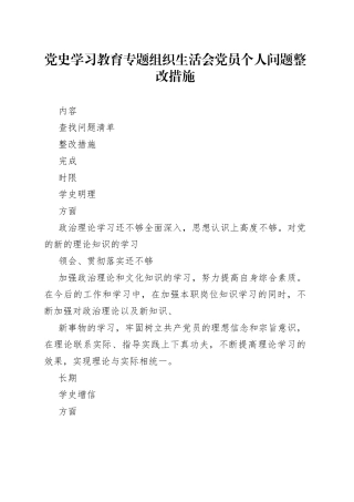 党史学习教育专题组织生活会党员个人问题整改措施