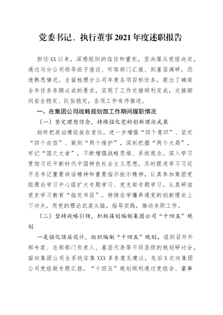 党委书记、执行董事2021年度述职报告