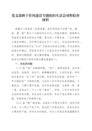 党支部班子作风建设专题组织生活会对照检查材料