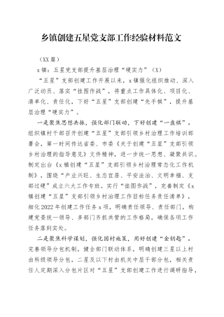 （10篇）乡镇创建五星党支部工作经验材料范文