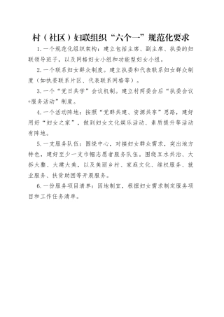 村（社区）妇联组织“六个一”规范化要求