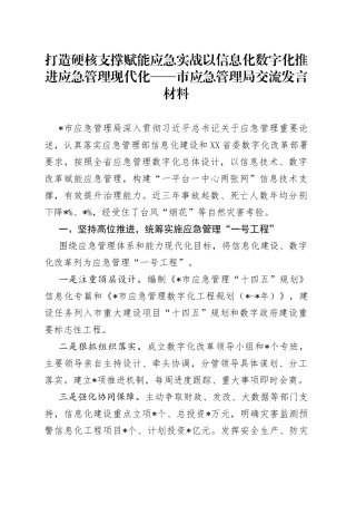 打造硬核支撑赋能应急实战以信息化数字化推进应急管理现代化——市应急管理局交流发言材料