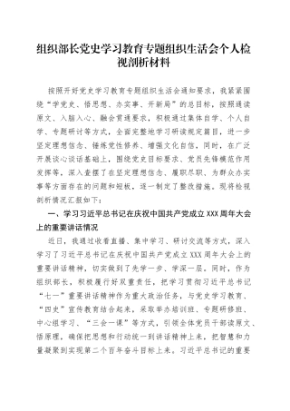 组织部长党史学习教育专题组织生活会个人检视剖析材料
