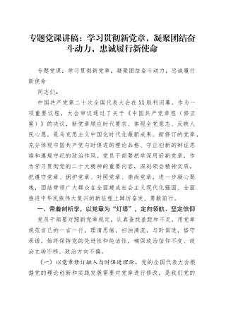 专题党课：学习贯彻新党章，凝聚团结奋斗动力，忠诚履行新使命（1）