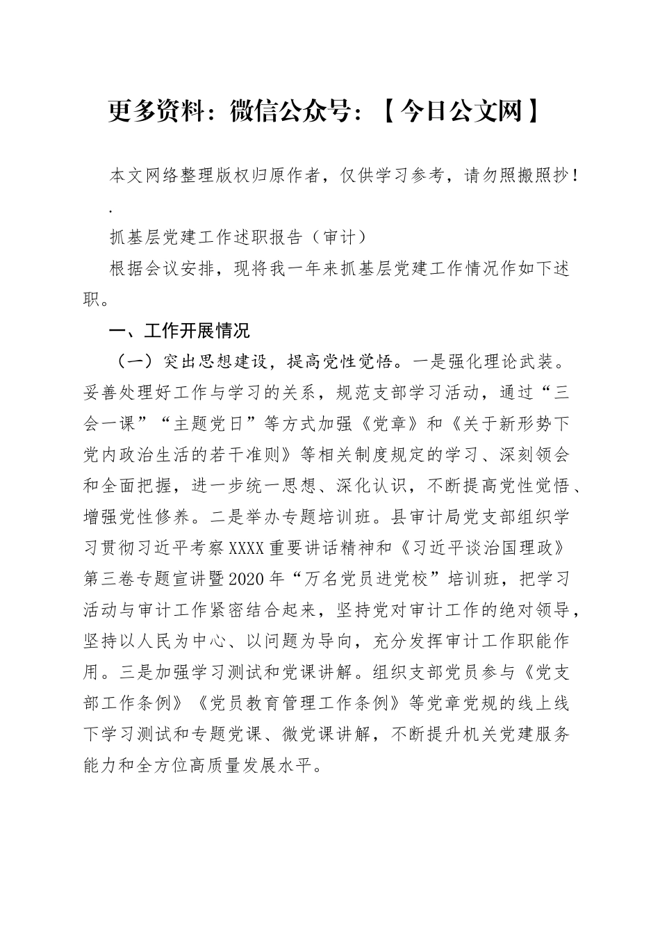 抓基层党建工作述职报告（审计）_第1页