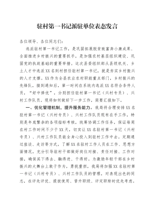 驻村第一书记派驻单位表态发言