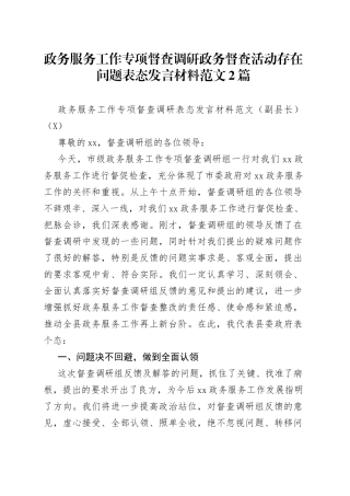 政务服务工作专项督查调研政务督查活动存在问题表态发言材料范文2篇