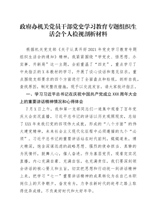 政府办机关党员干部党史学习教育专题组织生活会个人检视剖析材料
