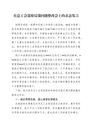 在总工会巡察反馈问题整改会上的表态发言