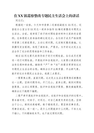 在镇巡察整改专题民主生活会上的讲话