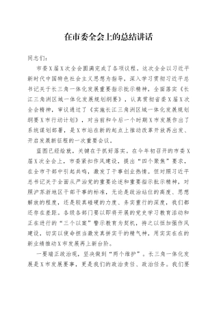 在市委全会上的总结讲话