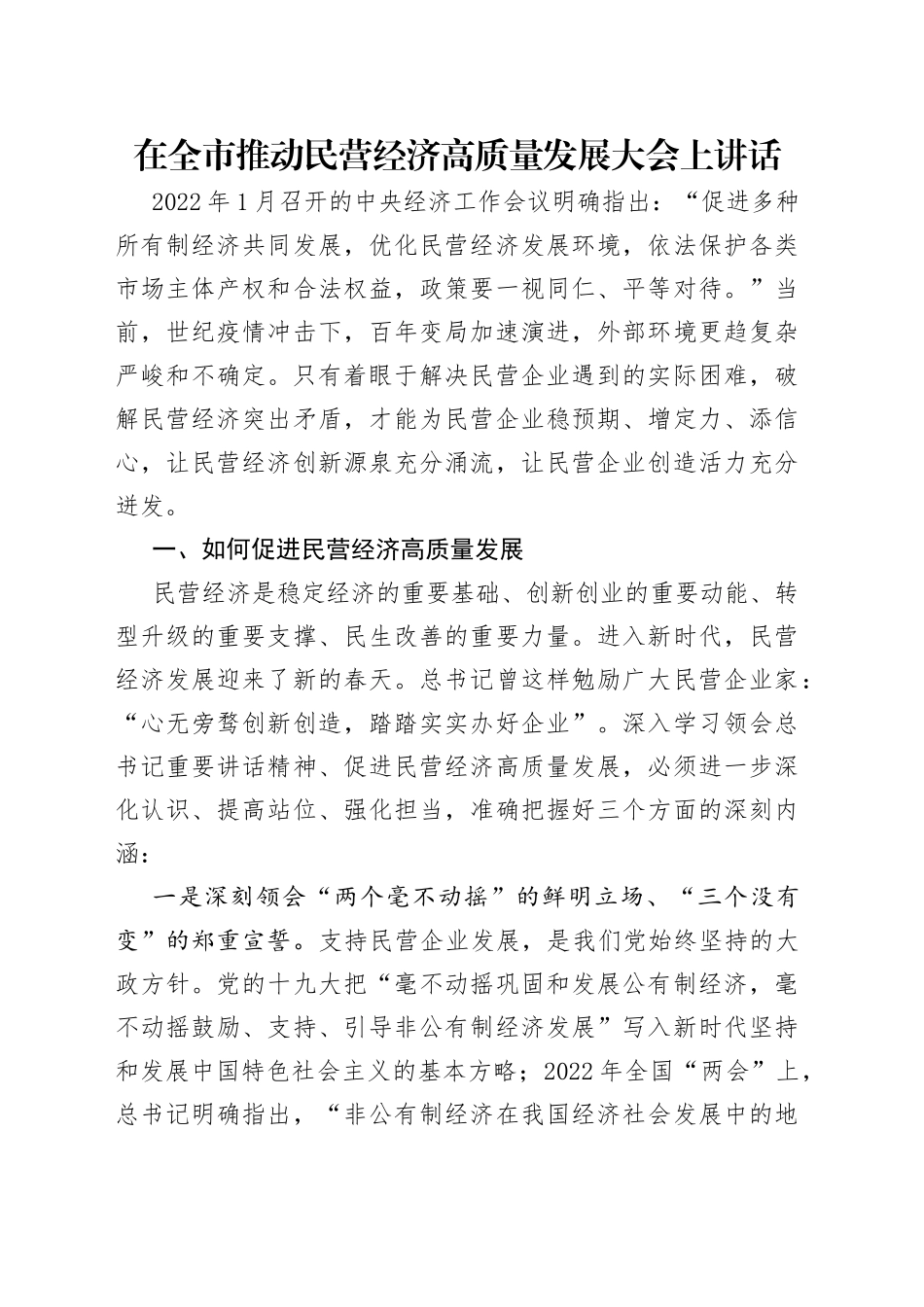在全市推动民营经济高质量发展大会上讲话_第1页