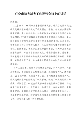 在全市防灾减灾工作视频会议上的讲话
