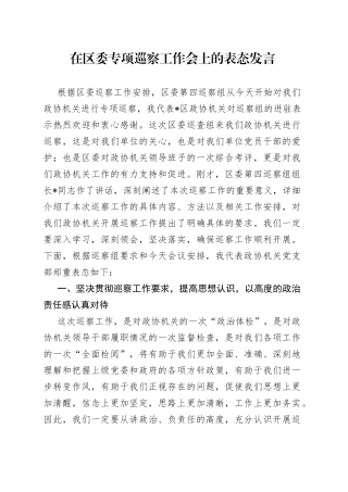 在区委专项巡察工作会上的表态发言