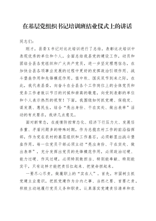 在基层党组织书记培训班结业仪式上的讲话