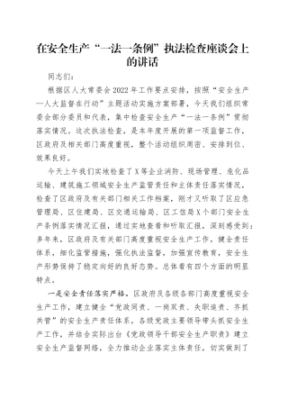 在安全生产“一法一条例”执法检查座谈会上的讲话