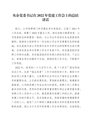 央企党委书记在2022年党建工作会上的总结讲话