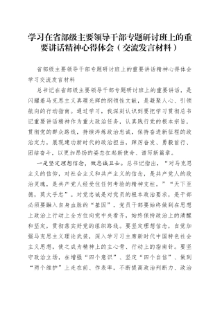 学习在省部级主要领导干部专题研讨班上的重要讲话精神心得体会（交流发言材料）