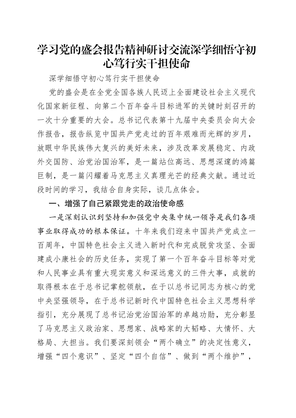 学习党的盛会报告精神研讨交流深学细悟守初心笃行实干担使命_第1页
