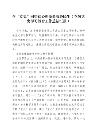 学“党史”回望初心担使命服务民生党员党史学习教育工作总结汇报