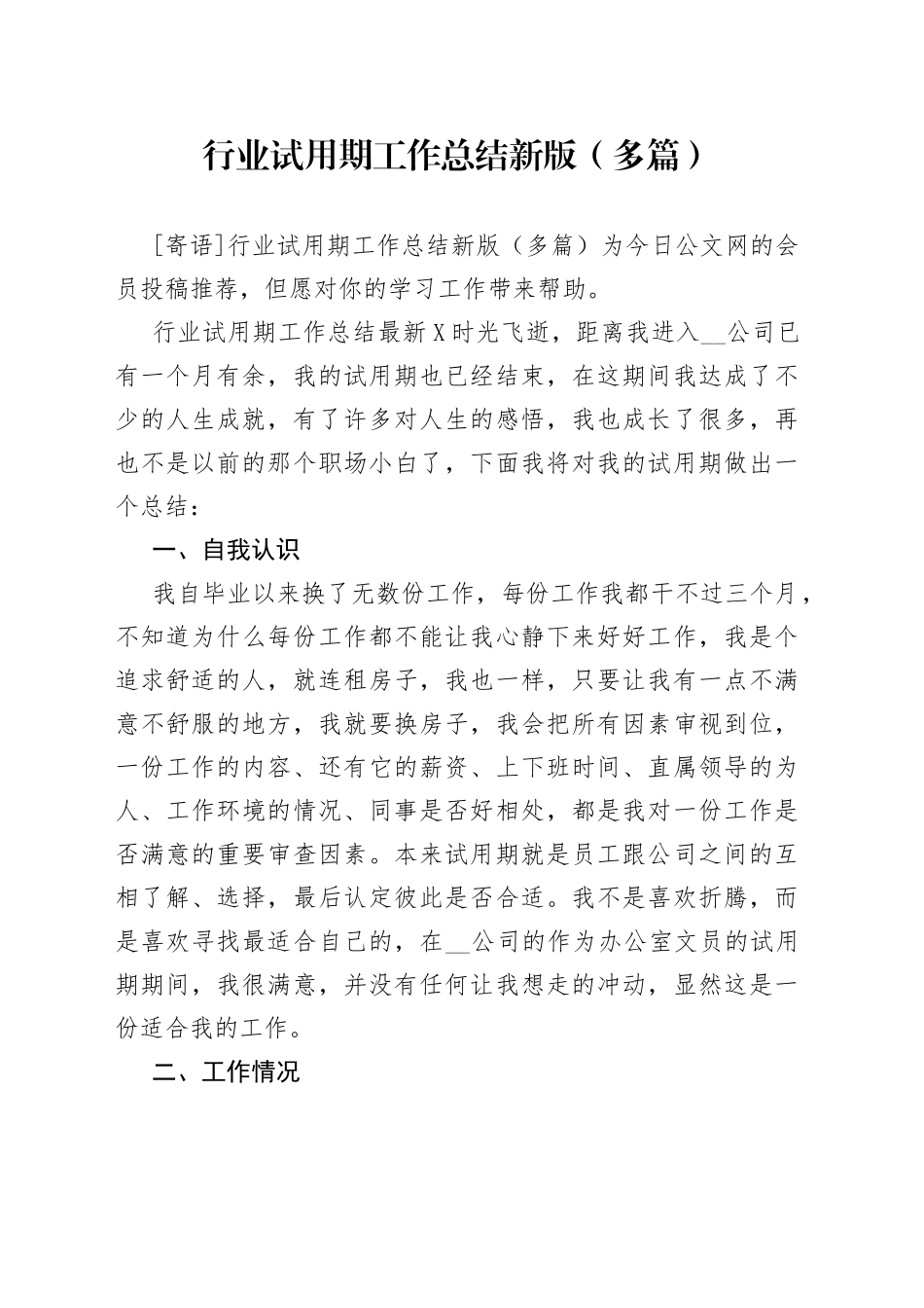 行业试用期工作总结新版（多篇）_第1页