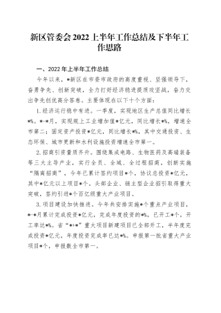 新区管委会2022上半年工作总结及下半年工作思路