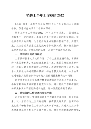 销售上半年工作总结2022