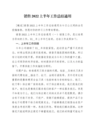 销售2022上半年工作总结通用