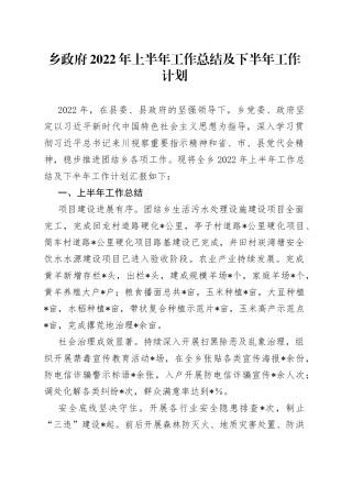 乡政府2022年上半年工作总结及下半年工作计划