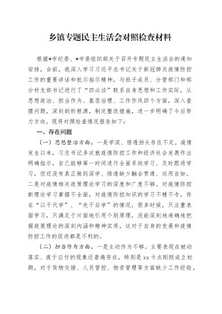 乡镇专题民主生活会对照检查材料