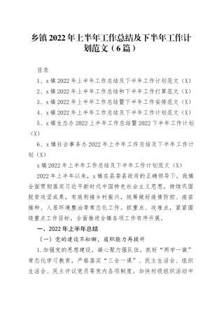 乡镇2022年上半年工作总结及下半年工作计划范文（6篇）