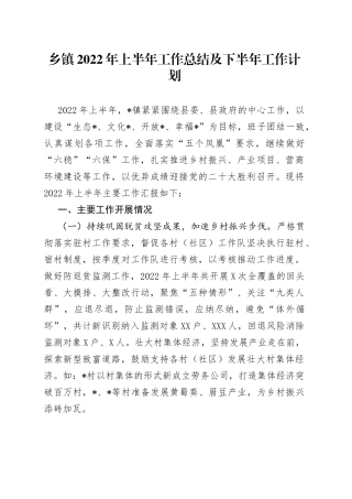 乡镇2022年上半年工作总结及下半年工作计划