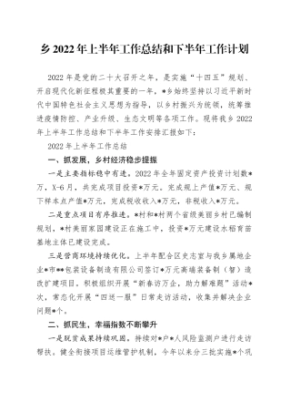 乡2022年上半年工作总结和下半年工作计划
