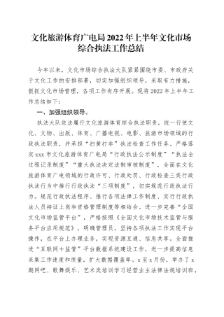 文化旅游体育广电局2022年上半年文化市场综合执法工作总结