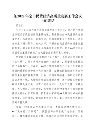在2022年全市民营经济高质量发展工作会议上的讲话