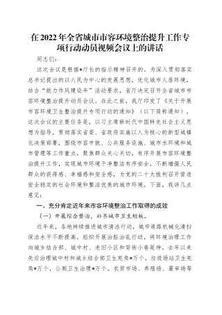 在2022年全省城市市容环境整治提升工作专项行动动员视频会议上的讲话