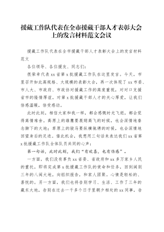 援藏工作队代表在全市援藏干部人才表彰大会上的发言材料范文会议