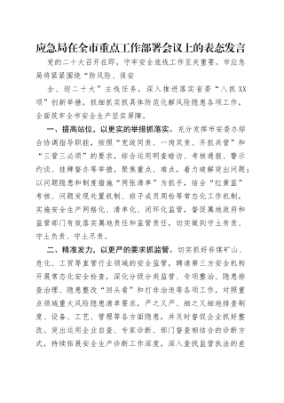 应急局在全市重点工作部署会议上的表态发言