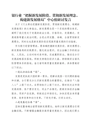 银行业“把握新发展阶段，贯彻新发展理念，构建新发展格局”中心组研讨发言（1）