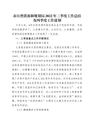 市自然资源和规划局2022年三季度工作总结及四季度工作谋划