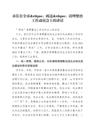 市长在全市两违清理整治工作动员会上的讲话